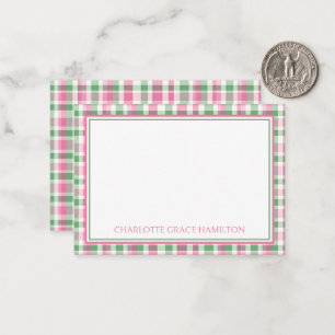 Preppy Pink and Green Plaid Personalized Card