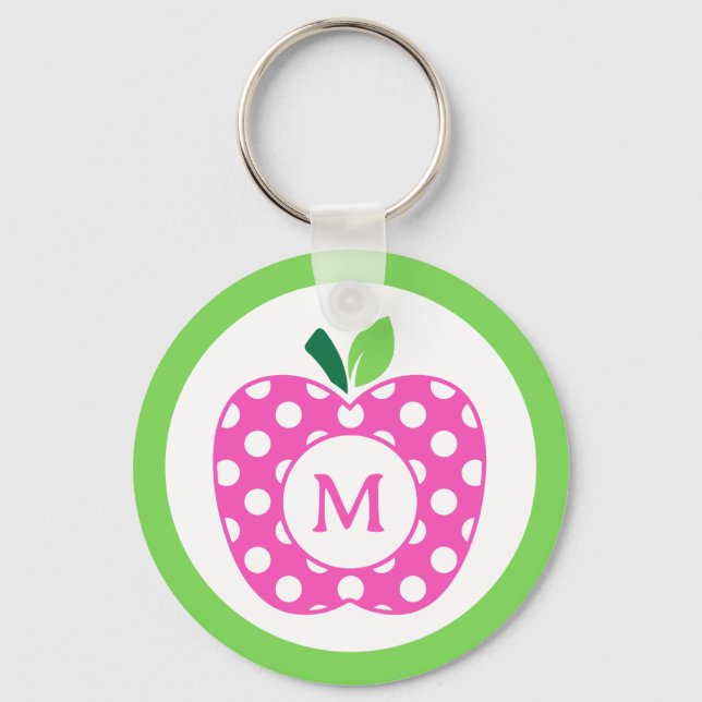 Preppy Pink and Green Polka Dot Apple Monogram Keychain (Front)