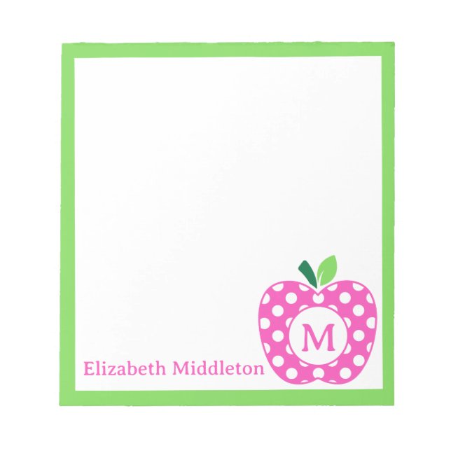 Preppy Pink and Green Polka Dot Apple Monogram Notepad (Front)