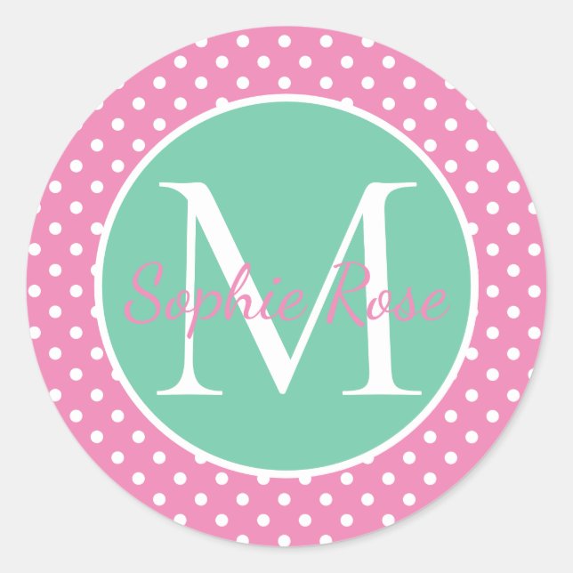 Preppy Pink and Green Polka Dot Monogram Classic Round Sticker (Front)