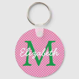 Preppy Pink and Green Polka Dot Monogram Keychain