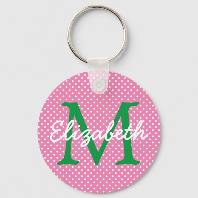 Preppy Pink and Green Polka Dot Monogram Keychain (Front)