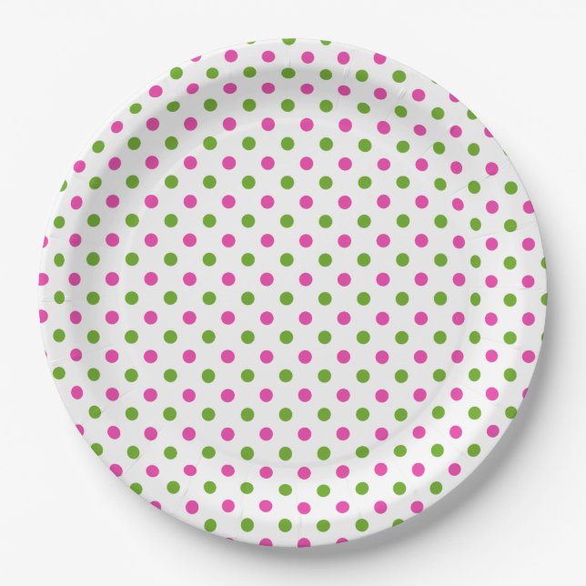 Preppy Pink and Green Polka Dots on White Paper Plate (Front)