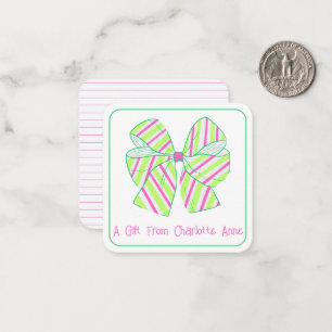 Preppy Pink and Green Stripe Bow Personalized Card