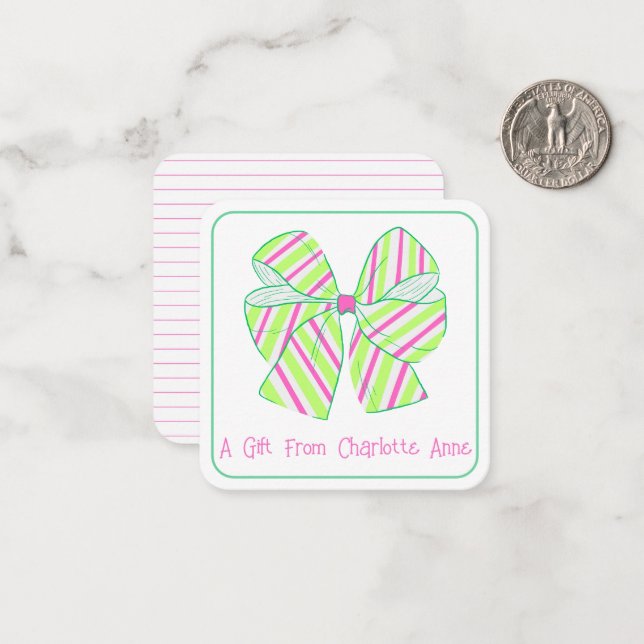 Preppy Pink and Green Stripe Bow Personalized Card (Front/Back In Situ)