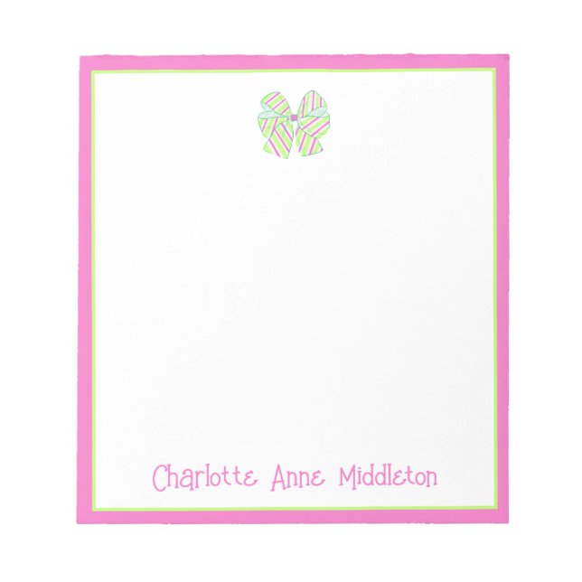 Preppy Pink and Green Stripe Bow Personalized Notepad (Front)