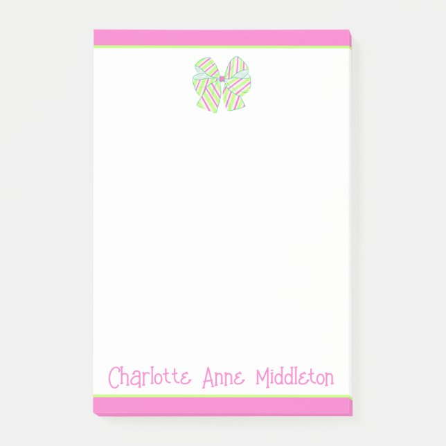 Preppy Pink and Green Stripe Bow Personalized Post-it Notes (Front)