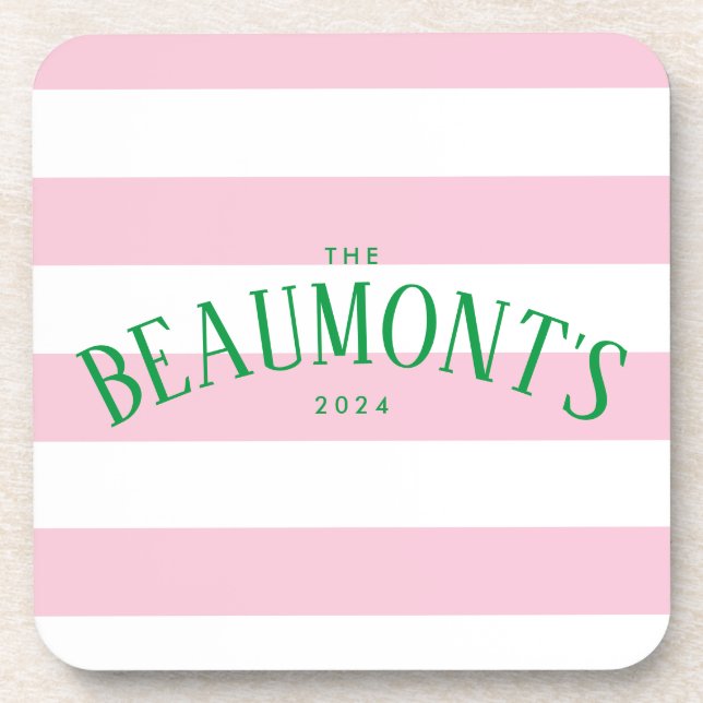 Preppy Pink and Green Stripe Couple Engagement Coaster (Front)