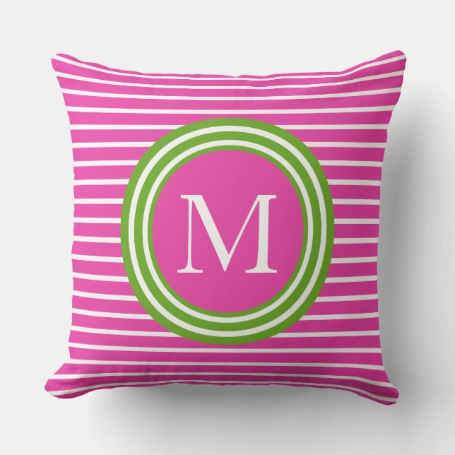 Preppy Pink and Green Stripe Monogram Throw Pillow (Front)