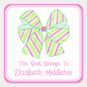 Preppy Pink and Green Striped Bow Bookplate Square Sticker