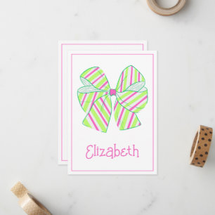 Preppy Pink and Green Striped Bow Personalized Card