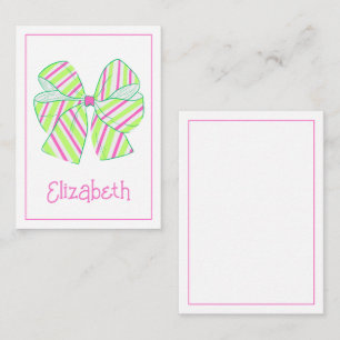 Preppy Pink and Green Striped Bow Personalized Card