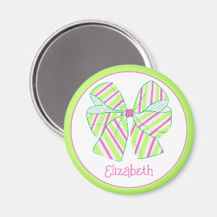 Preppy Pink and Green Striped Bow Personalized Magnet