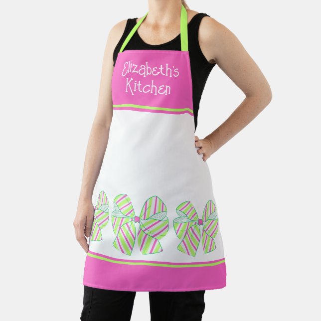 Preppy Pink and Green Striped Bows Personalized Apron (Insitu)