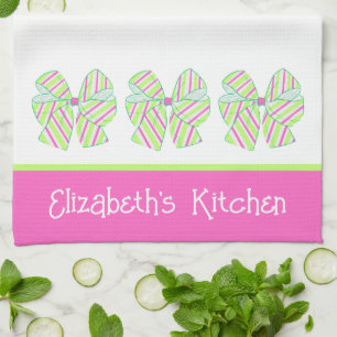 Preppy Pink and Green Striped Bows Personalized Kitchen Towel