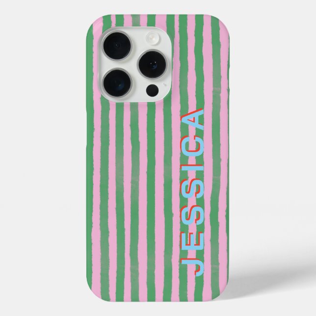 Preppy Pink and Green Striped Custom Name Case-Mate iPhone Case (Back)