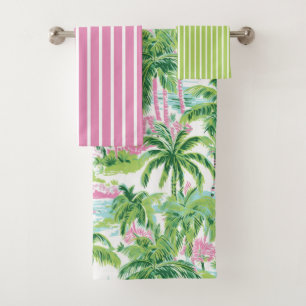 Preppy Pink and Green Tropical Palm Tree Bath Towel Set