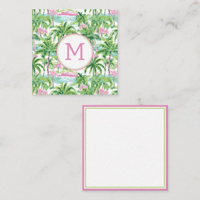 Preppy Pink and Green Tropical Palm Tree Monogram Card (Front/Back)