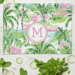 Preppy Pink and Green Tropical Palm Tree Monogram Kitchen Towel