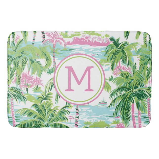 Preppy Pink and Green Tropical Palm Trees Monogram Bath Mat (Front)