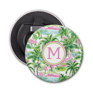 Preppy Pink and Green Tropical Palm Trees Monogram Bottle Opener