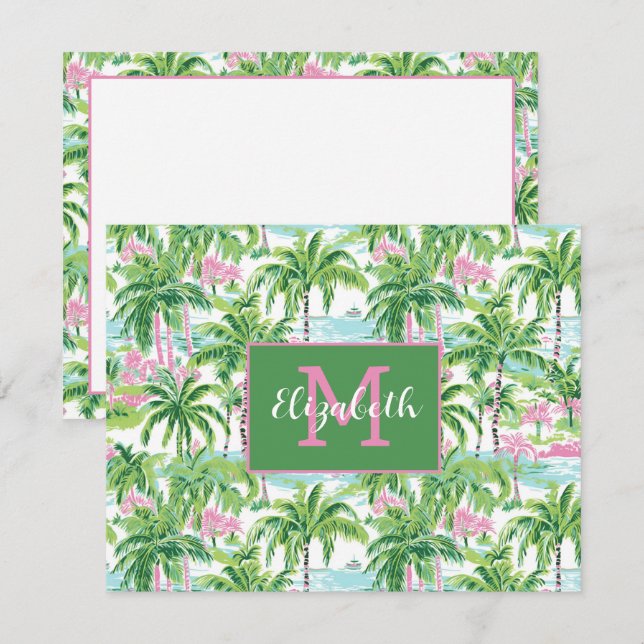 Preppy Pink and Green Tropical Palm Trees Monogram Card (Front/Back)