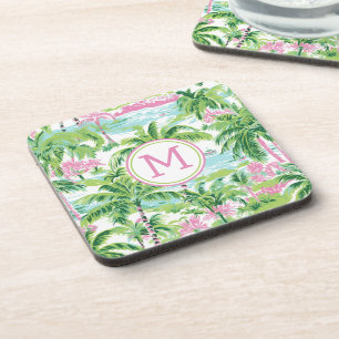 Preppy Pink and Green Tropical Palm Trees Monogram Coaster