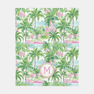 Preppy Pink and Green Tropical Palm Trees Monogram Fleece Blanket