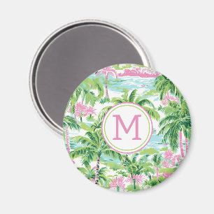 Preppy Pink and Green Tropical Palm Trees Monogram Magnet