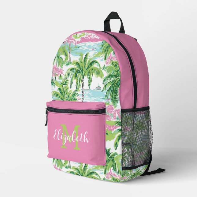 Preppy Pink and Green Tropical Palm Trees Monogram Printed Backpack (Back Corner Right)