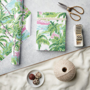 Preppy Pink and Green Tropical Palm Trees Wrapping Paper
