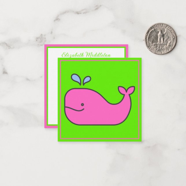 Preppy Pink and Green Whale Personalized Card (Front/Back In Situ)