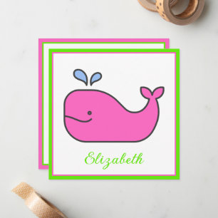 Preppy Pink and Green Whale Personalized Card