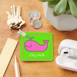 Preppy Pink and Green Whale Personalized Keychain