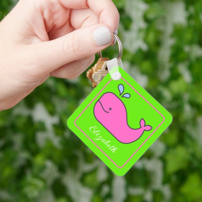 Preppy Pink and Green Whale Personalized Keychain (Hand)