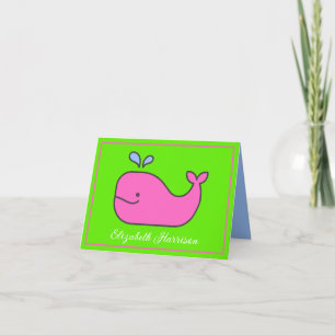 Preppy Pink and Green Whale Personalized Note Card
