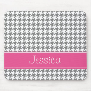 Preppy Pink and Grey Houndstooth Personalized Mouse Pad