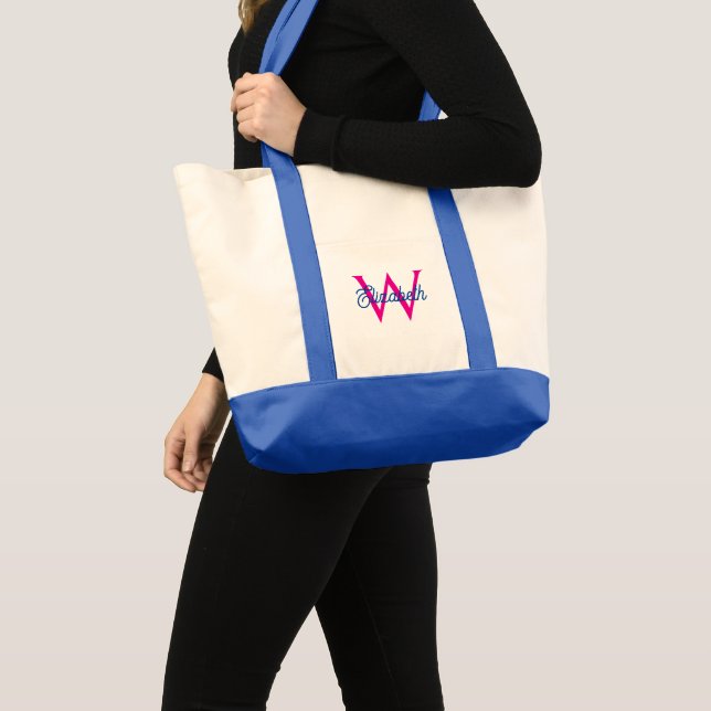 Preppy Pink and Navy Blue Monogram Tote Bag (Front (Product))