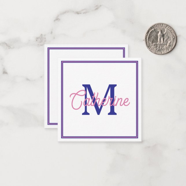 Preppy Pink and Navy Blue Simple Monogram Card (Front/Back In Situ)