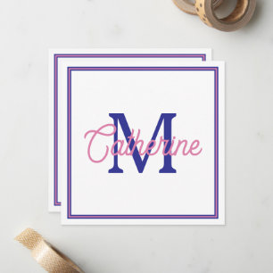 Preppy Pink and Navy Blue Simple Monogram Card