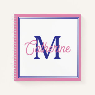 Preppy Pink and Navy Blue Simple Monogram Notebook