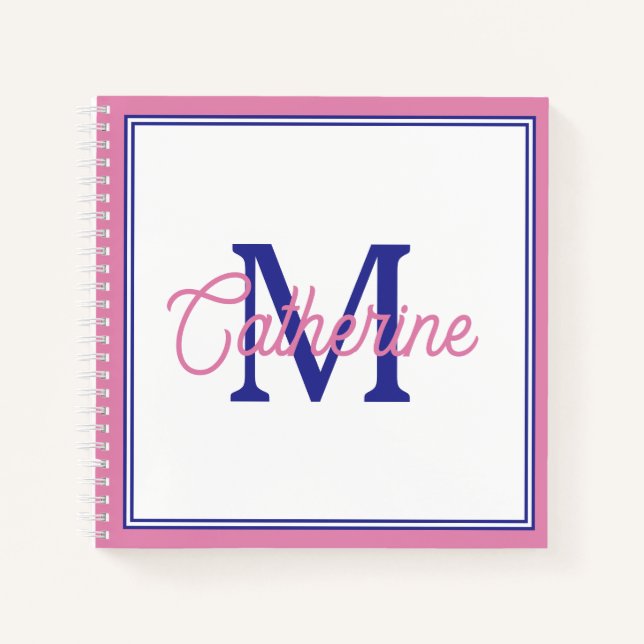 Preppy Pink and Navy Blue Simple Monogram Notebook (Front)