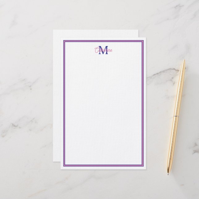 Preppy Pink and Navy Blue Simple Monogram Stationery (Front/Back In Situ)