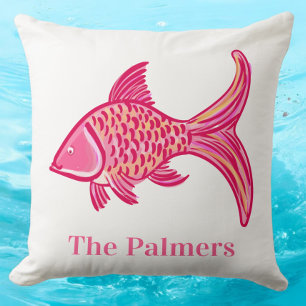 Preppy Pink and Orange Fish Personalized Throw Pillow