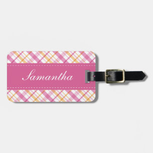 Preppy Pink and Orange Plaid Pattern Luggage Tag