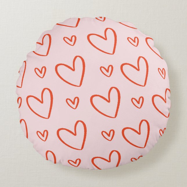 Preppy pink and red hearts round pillow (Front)