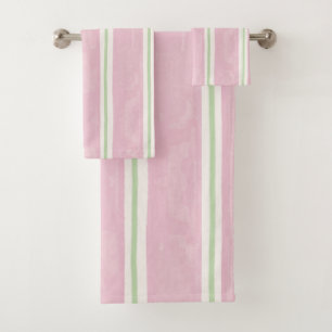 Preppy Pink and Sage Green Watercolor Striped Bath Towel Set