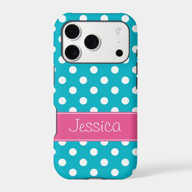 Preppy Pink and Teal Blue Polka Dots Personalized (Back)