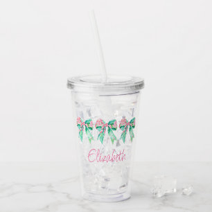 Preppy Pink and Turquoise Floral Bows Personalized Acrylic Tumbler