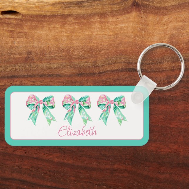 Preppy Pink and Turquoise Floral Bows Personalized Keychain (Front)